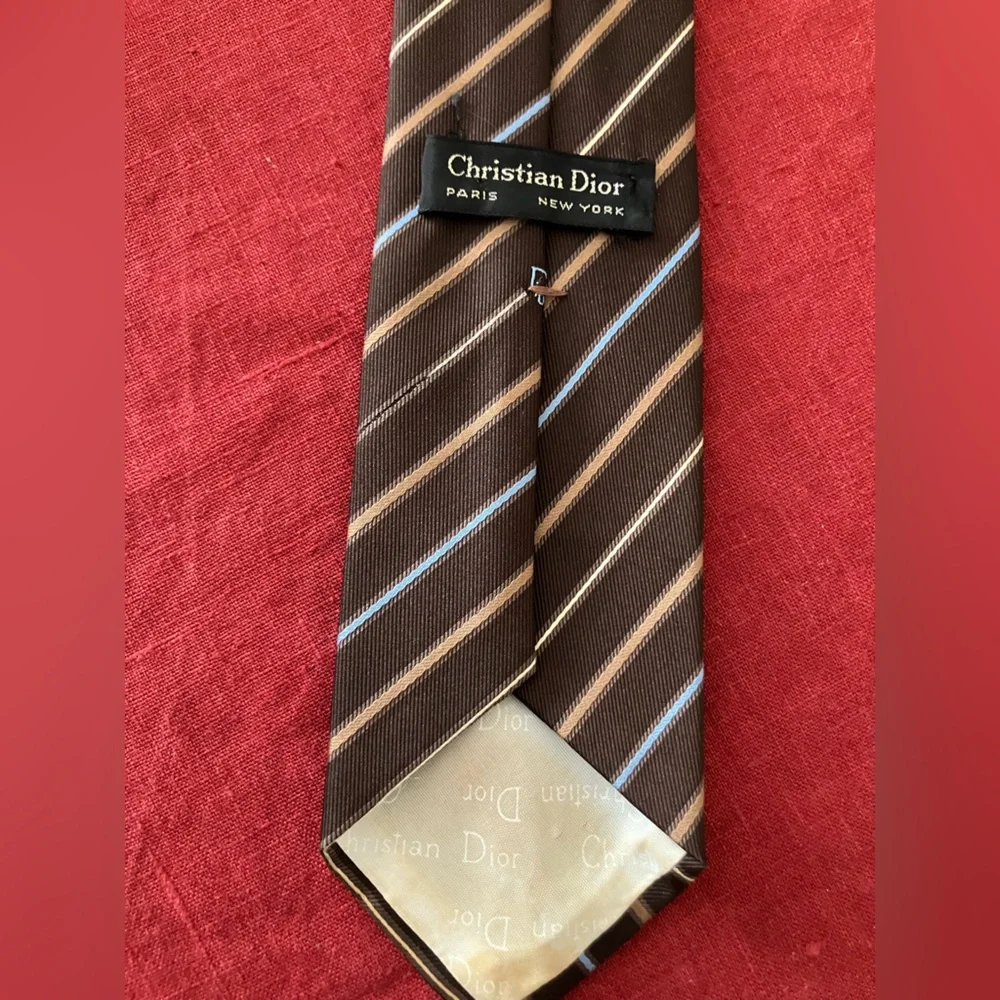 Vintage '70s/'80s Christian Dior Striped Neck Tie Logo Monogram Brown Blue